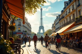 Boulevard parisien animé avec boulangerie et métro à proximité