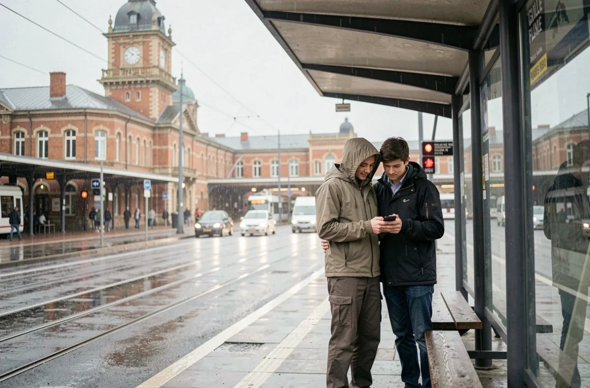 Couple à l'abri sous un auvent près de la Gare Lille Flandres sous la pluie