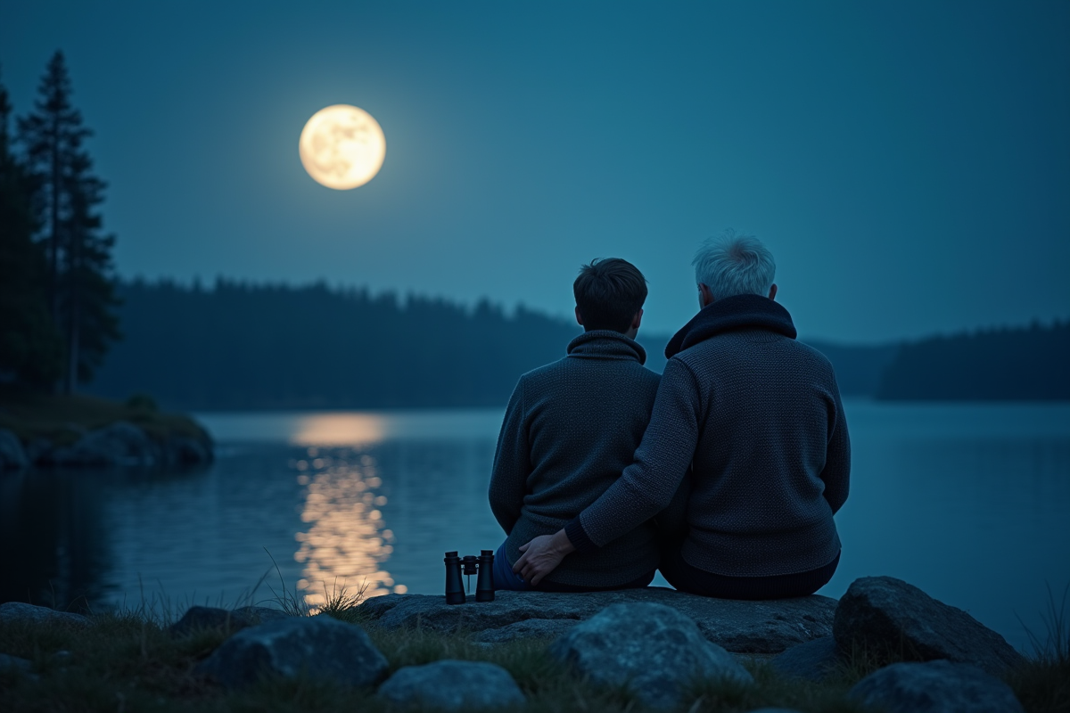 Adolescent et grand-pere observant la lune au bord du lac