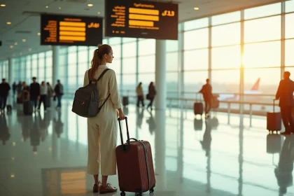 Voyageuse dans le terminal de l'aéroport Al Massira d'Agadir consultant le tableau des départs