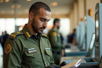 Agent des frontières marocain contrôlant un passeport européen au poste de contrôle d'un aéroport international au Maroc