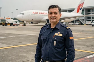 Superviseur au sol d'Air India en uniforme devant un avion de la compagnie sur le tarmac d'un aéroport international