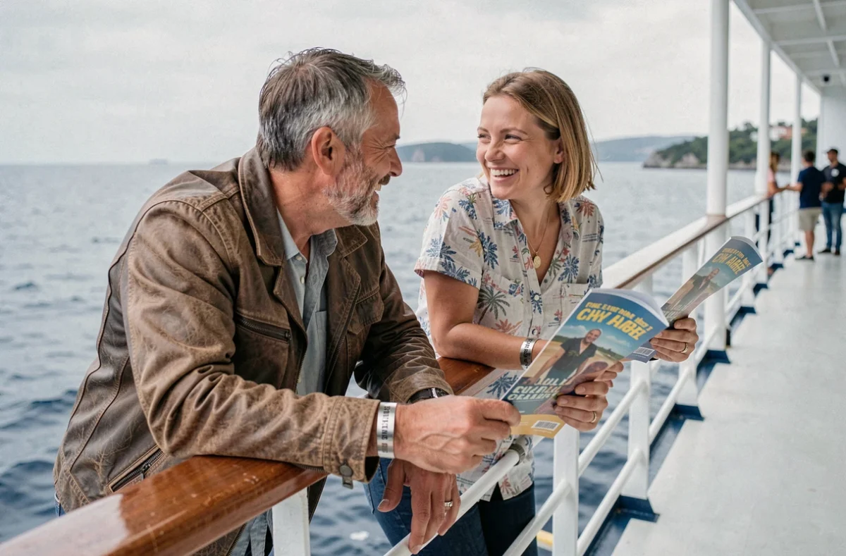 Deux amis fans de metal souriants sur le pont avant d'un bateau de croisière avec l'océan en arrière-plan