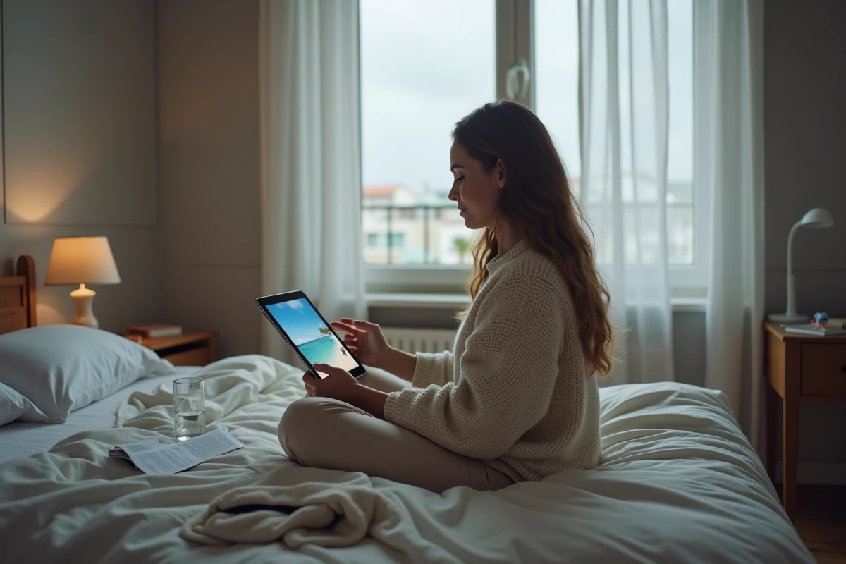 Jeune femme en appel vidéo avec Miami depuis sa chambre en France, gestion du décalage horaire