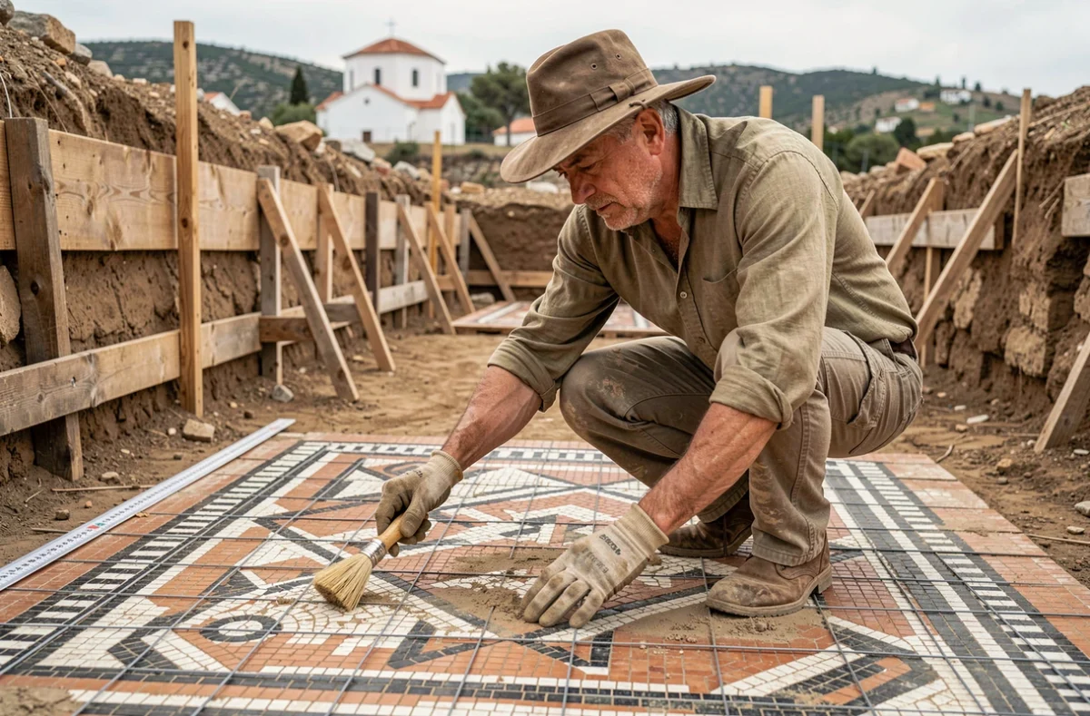 Archéologue découvrant une mosaïque hellénistique lors de fouilles sur le circuit archéologique de Macédoine grecque