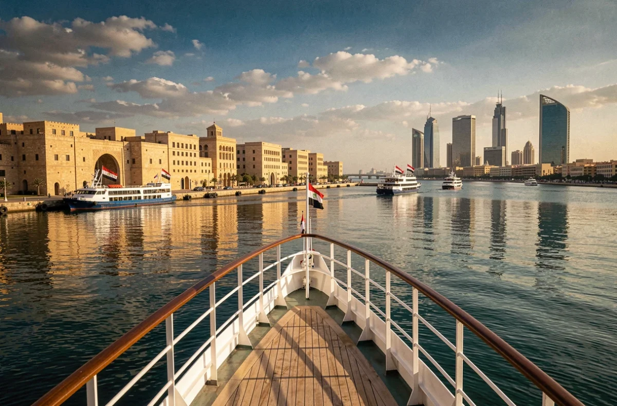 Arrivée en croisière dans le port d'Alexandrie en Égypte vue depuis le pont du navire