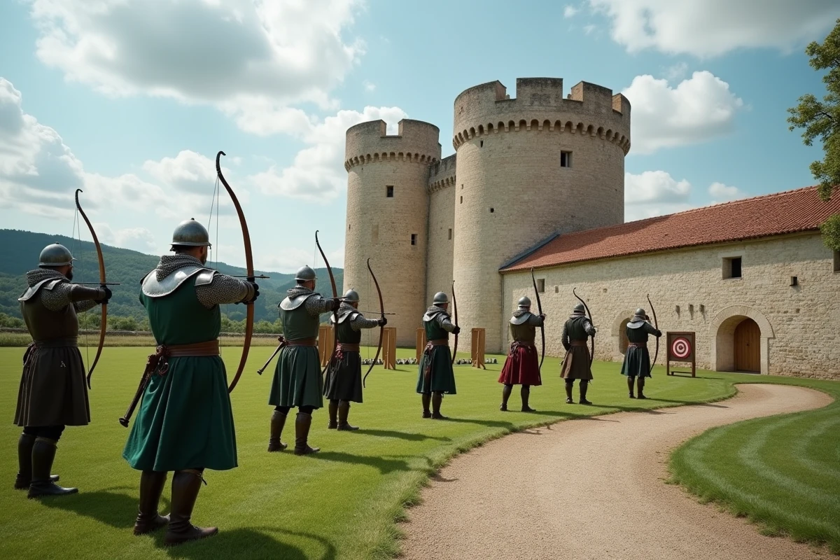 Groupe d'adultes en armure médiévale participant à un atelier de tir à l'arc dans un château fort français