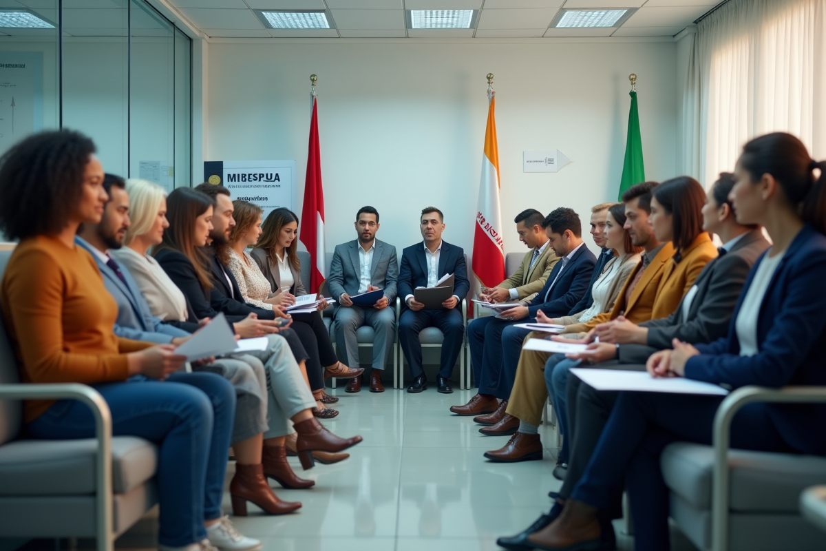 Groupe de personnes diverses attendant dans un salon de consulat