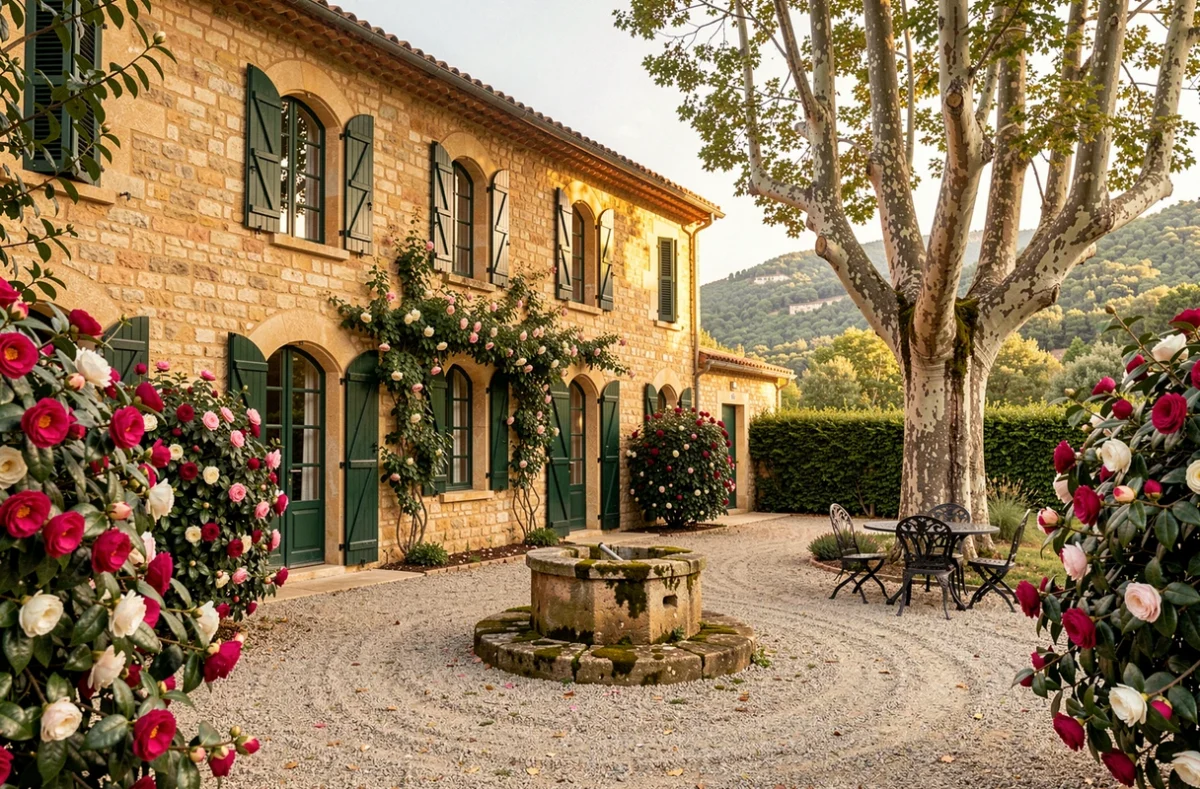 Façade de la Bastide aux Camélias dans l'arrière-pays de Nice entourée de camélias en fleurs
