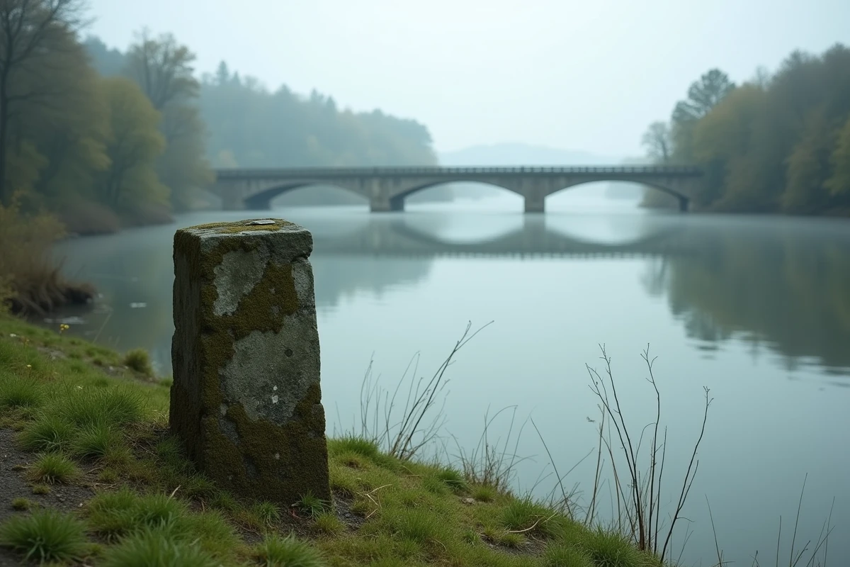 Borne frontière historique au bord du Rhin marquant la limite entre la France et l'Allemagne près de Strasbourg avec pont en arrière-plan