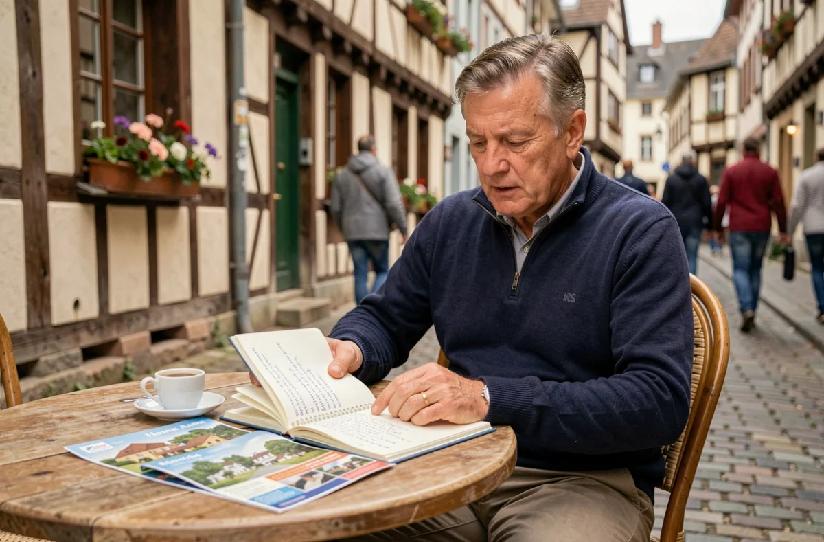 Homme planifiant son budget de visite à Honfleur avec carnet et brochure touristique en terrasse de café
