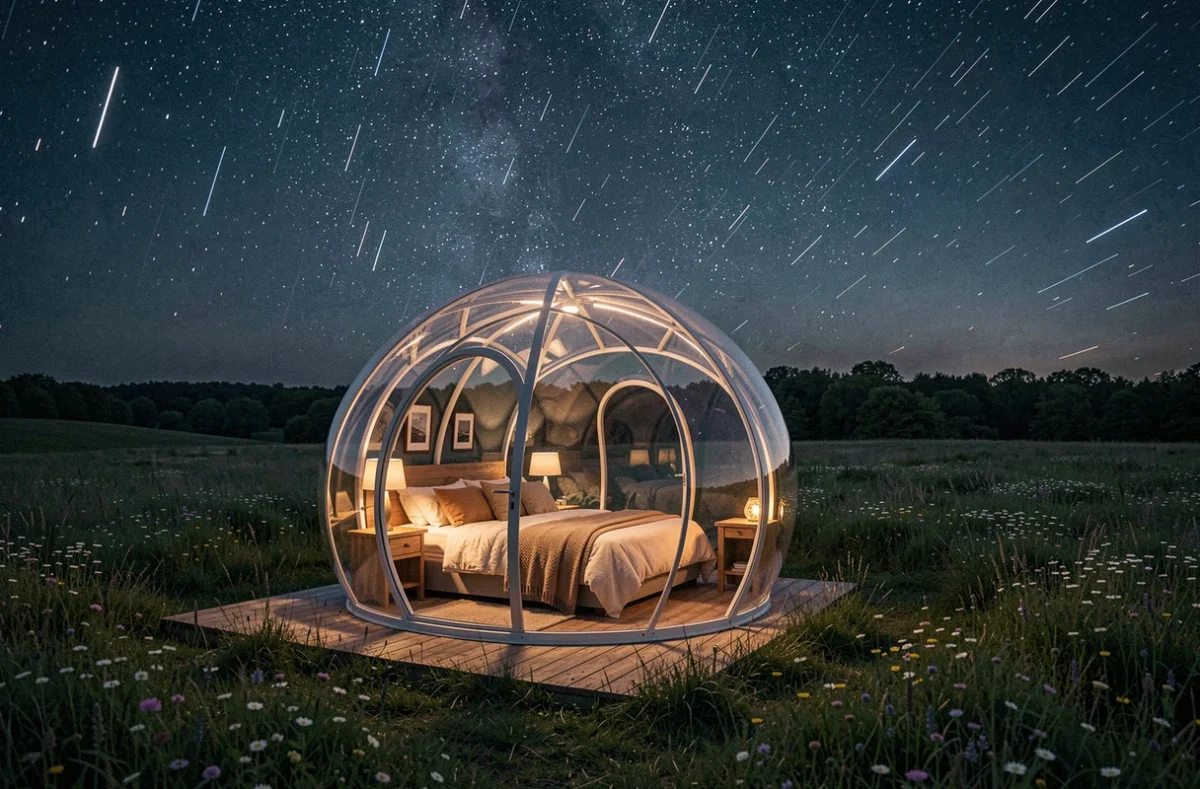 La Bulle Étoilée, bulle transparente sous un ciel étoilé dans un pré normand avec vue sur les étoiles
