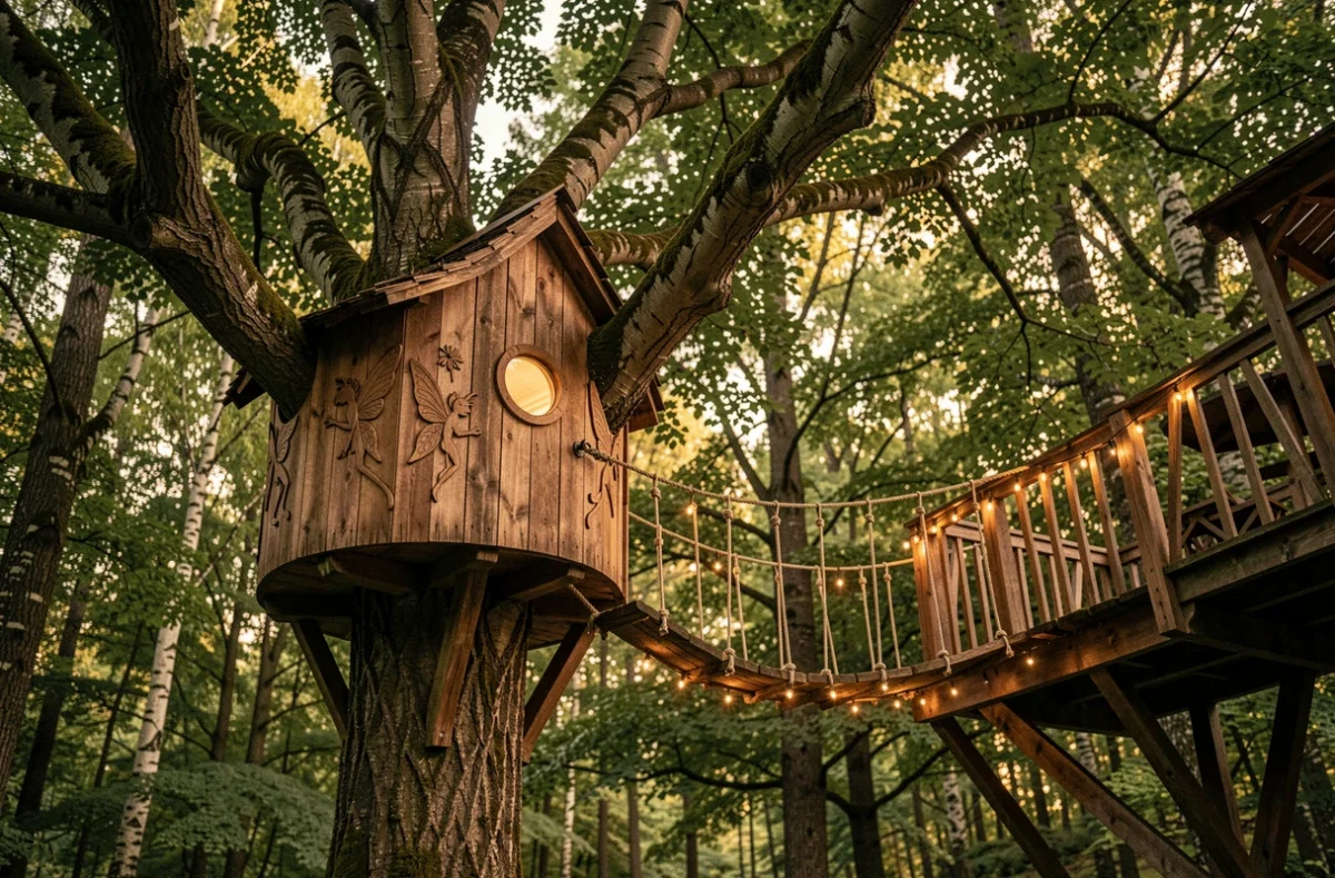 Cabane Bény des Fées, cabane perchée en bois sculpté avec pont de corde dans la forêt normande