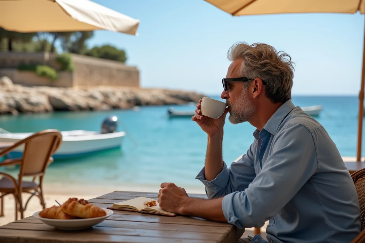 Homme dégustant un espresso en terrasse d'un café au bord de l'eau à Saint-Paul's Bay avec vue sur la mer Méditerranée et les bateaux de pêche maltais