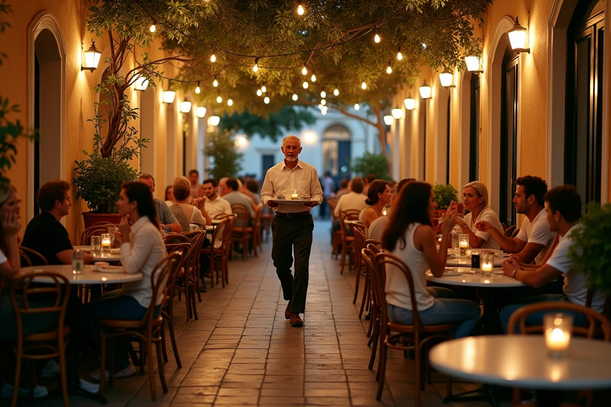 Terrasse de café animée à Plaka Athènes la nuit avec clients attablés sous une pergola décorée