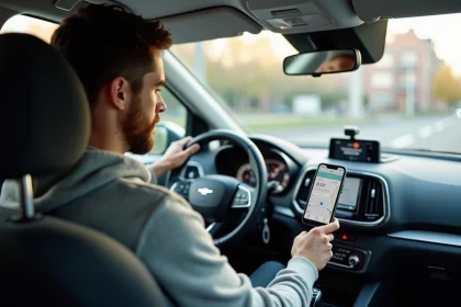 Homme consultant l'application ViaMichelin sur son smartphone pour calculer le coût d'un trajet en voiture