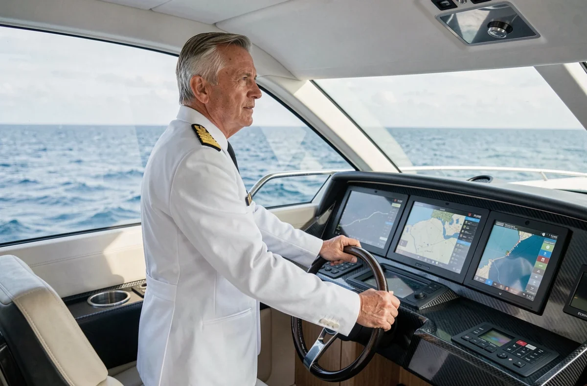 Capitaine en uniforme blanc au poste de pilotage d'un grand yacht privé avec console de navigation moderne
