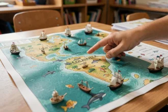 Carte illustrée de la mer des Caraïbes sur une table de classe avec des figurines marines et la main d'un enfant pointant une île