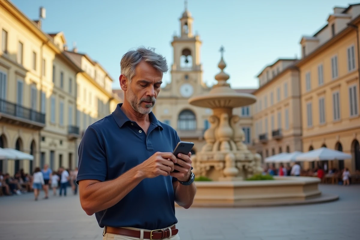 Homme utilisant une carte numérique sur smartphone pour visiter le centre historique d'Aix-en-Provence