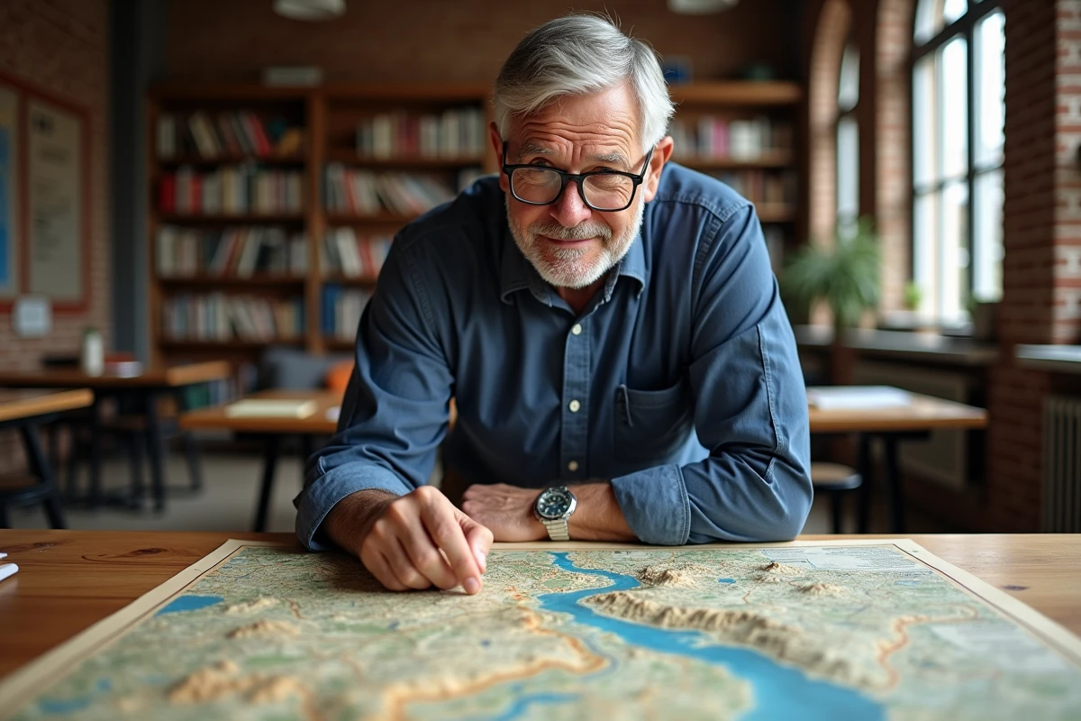 Cartographe étudiant une carte topographique du bassin du Rhin dans une salle universitaire avec atlas et vue urbaine européenne