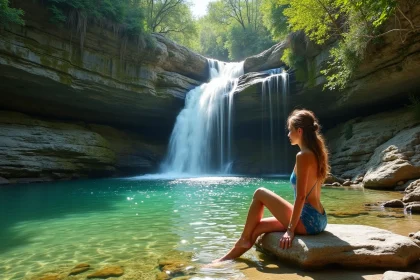Femme se baignant au pied d'une cascade naturelle dans les gorges de la Vis, eau turquoise et rochers calcaires en Cévennes