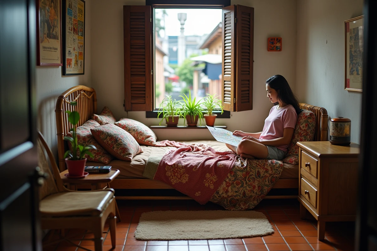 Voyageuse consultant une carte dans une chambre de guesthouse chaleureuse du quartier Bukit Bintang à Kuala Lumpur