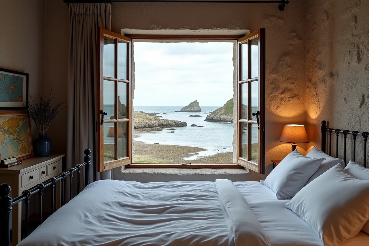 Chambre d'hôtel bretonne avec vue panoramique sur la mer et les rochers découverts à marée basse en Bretagne