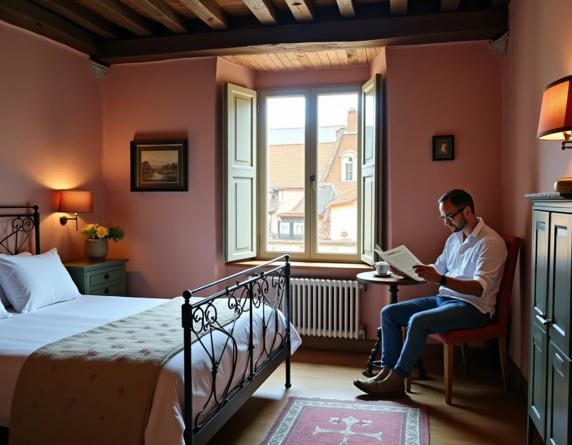 Chambre d'hôtel de charme à Montauban avec murs en briques roses, poutres en bois et décoration de style provincial français