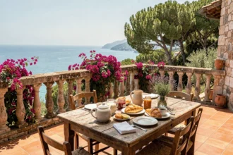 Terrasse ensoleillée d'une chambre d'hôtes provençale avec vue sur la mer dans les Alpes-Maritimes