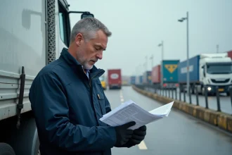 Chauffeur de camion consultant les tarifs du tunnel sous la Manche au terminal de Folkestone