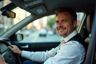 Conducteur de taxi souriant dans son véhicule moderne