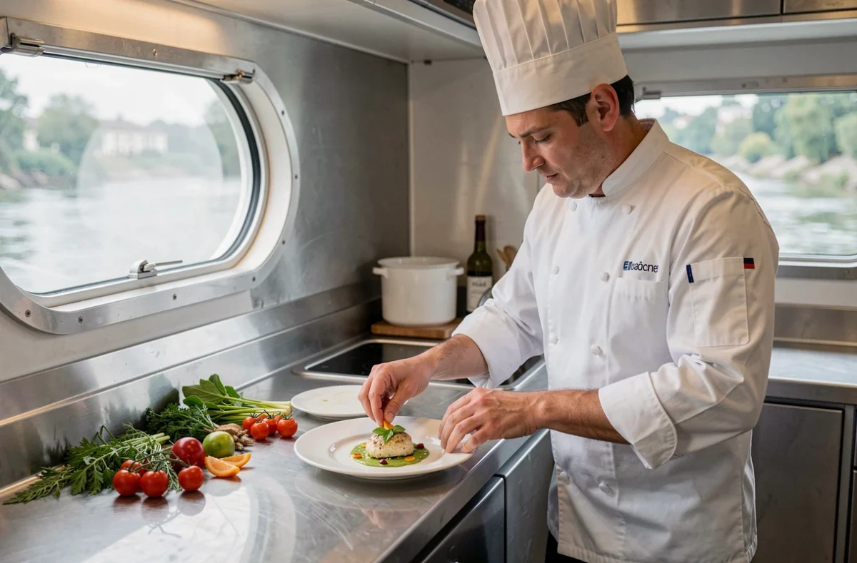 Chef cuisinier préparant un plat gastronomique dans la cuisine d'un bateau de croisière sur la Saône