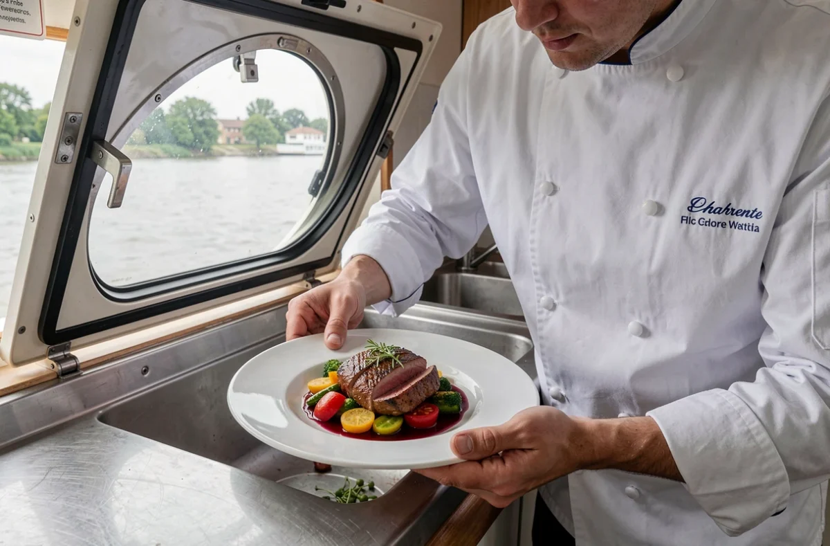 Chef cuisinier préparant un plat gastronomique dans la cuisine d'un bateau de croisière sur la Charente