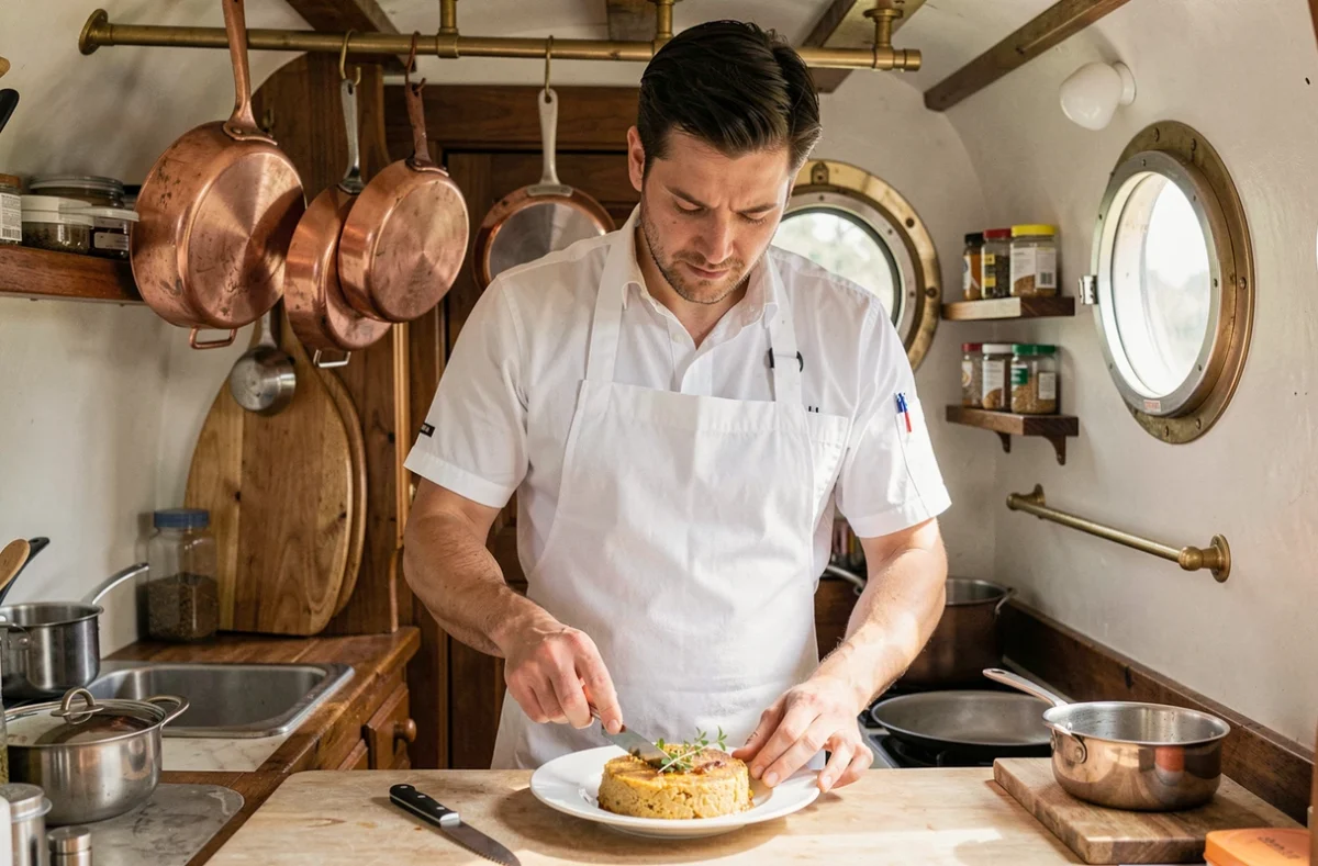 Chef cuisinier préparant un plat régional dans la cuisine d'une péniche sur le Canal du Midi