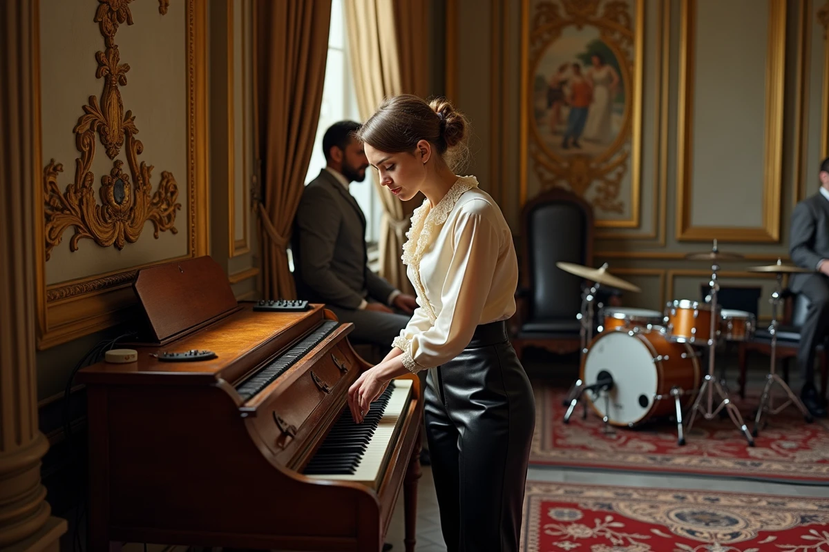 Femme jouant d'un clavecin dans un salon baroque entouré d'équipements rock modernes, évoquant le style Barock and roll