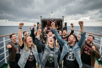 Fans de metal sur le pont d'un bateau de croisière assistent à un concert live en plein air en mer