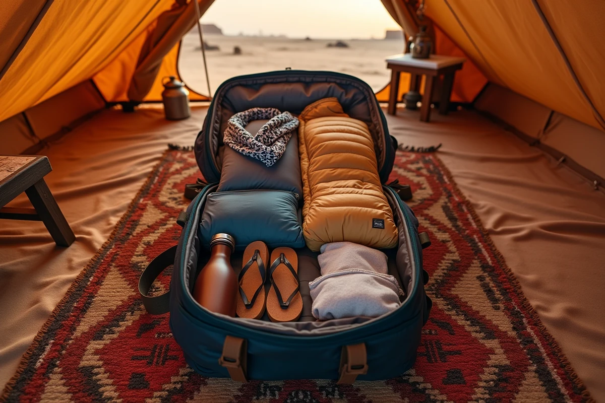 Contenu d'une valise pour Ksar Ghilane selon les saisons avec couche chaude, keffieh, vêtements légers et accessoires désert