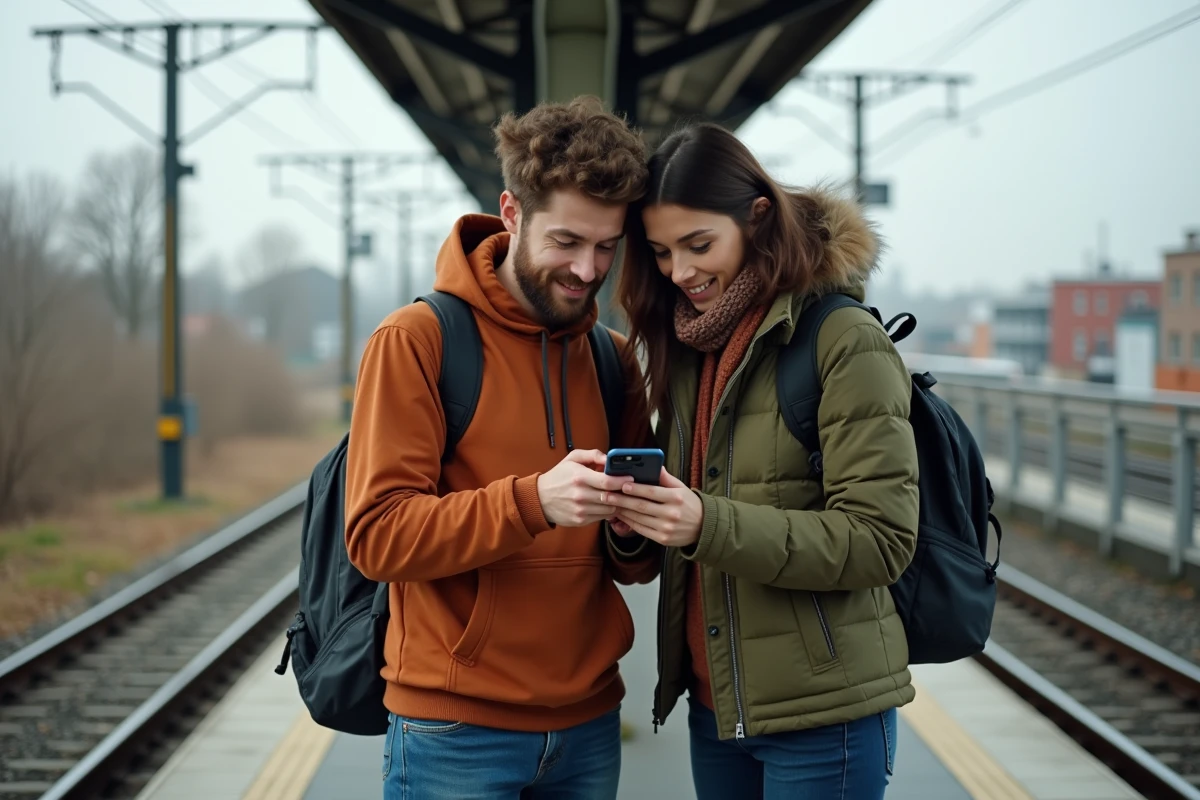 Couple de voyageurs consultant une application du plan U-Bahn de Berlin sur un quai de station aérienne