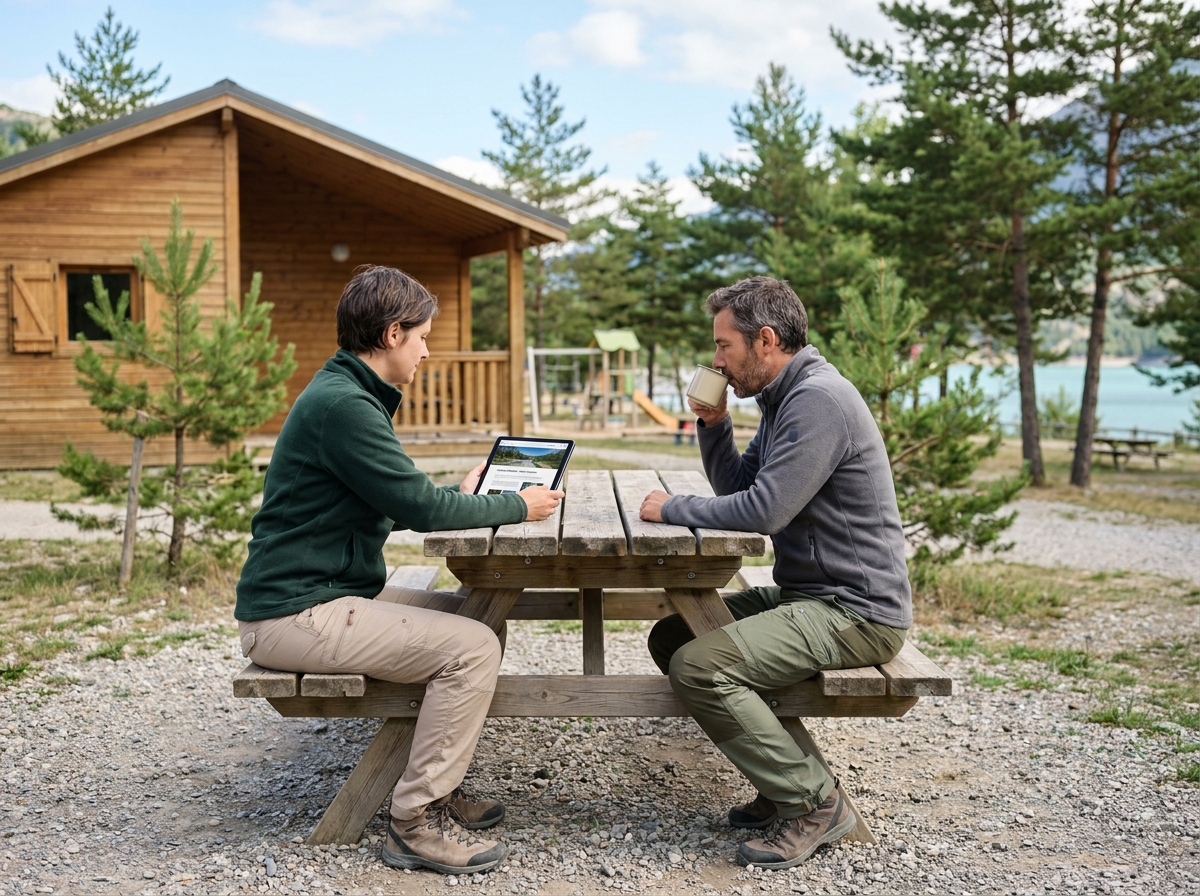 Couple consultant des avis de camping sur tablette devant un chalet de location au bord du lac de Serre-Ponçon