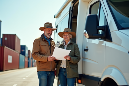 Couple voyageur avec van blanc au port australien