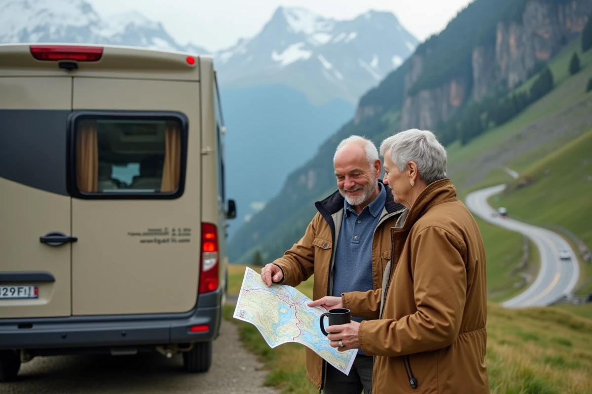 Couple de quinquagénaires étudiant une carte Michelin devant leur camping-car avec vue sur une vallée alpine