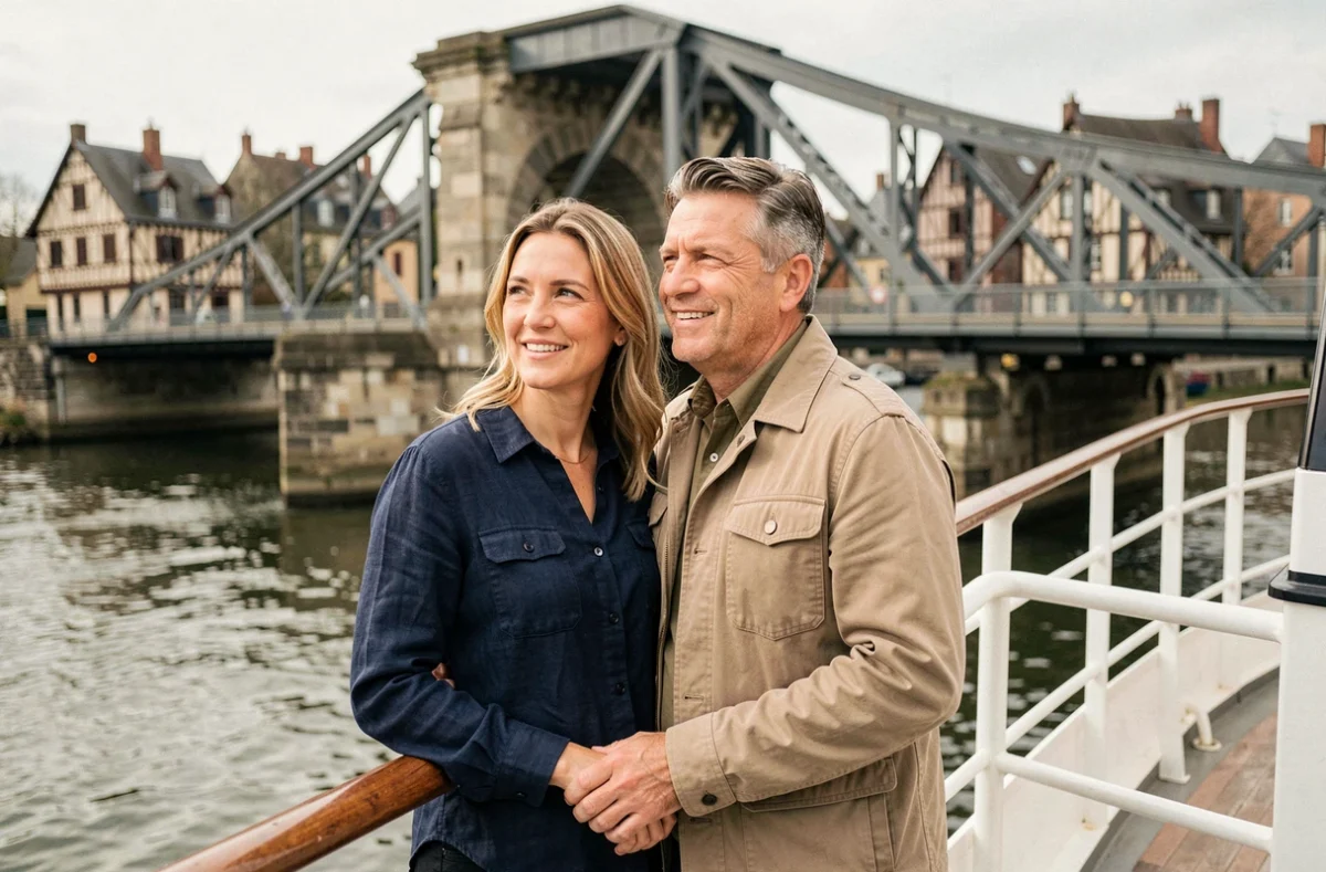 Couple profitant d'une croisière sur la Seine à Rouen depuis le pont d'un bateau fluvial