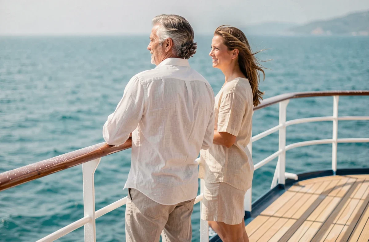 Couple en croisière observant la mer Méditerranée depuis le pont d'un bateau de croisière