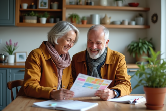 Couple souriant discutant de papiers avec chèques vacances