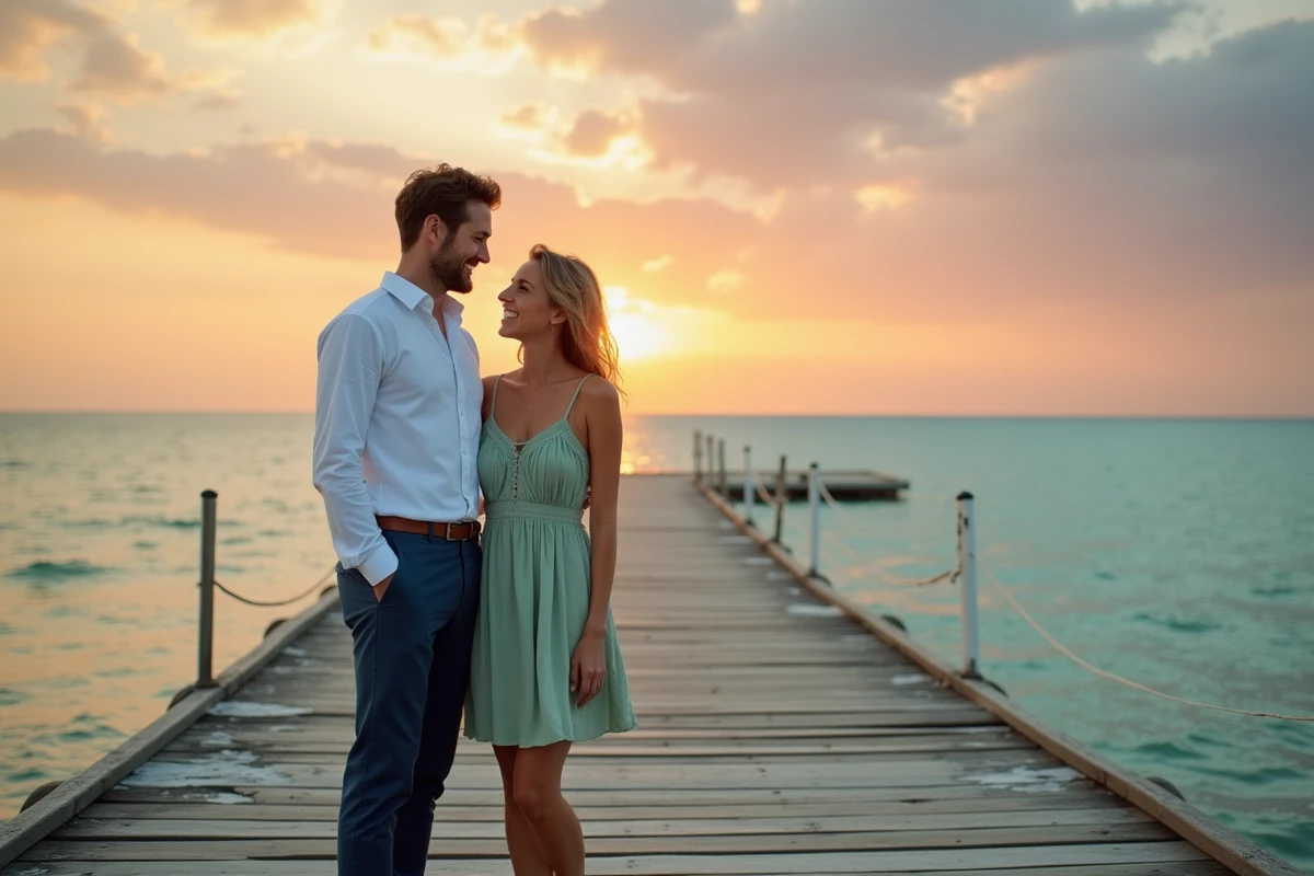 Couple amoureux riant sur une jetée en bois au-dessus des eaux côtières toscanes près de Pise, avec un coucher de soleil aux teintes orange et violettes en arrière-plan