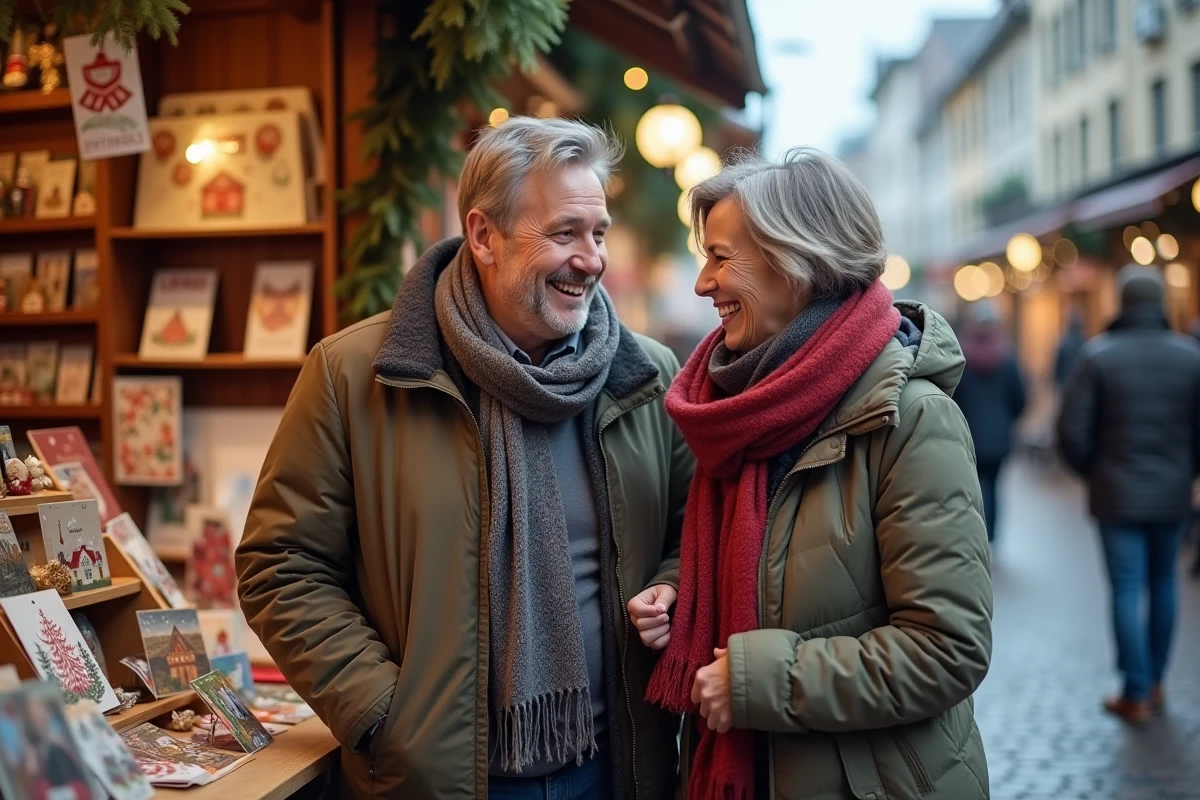 Couple souriant parcourant un marché de vœux de fin d'année en plein air, entouré de stands festifs et de guirlandes de verdure