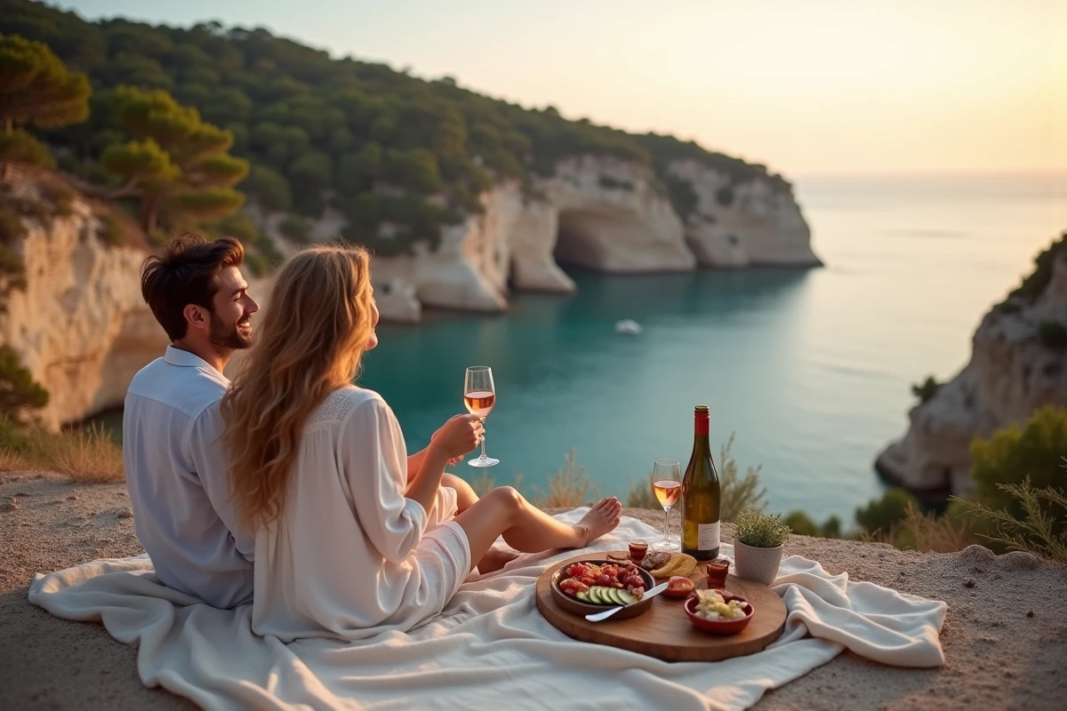 Couple profitant d'un pique-nique romantique sur les rochers de granit au-dessus d'une crique turquoise en Corse au coucher du soleil
