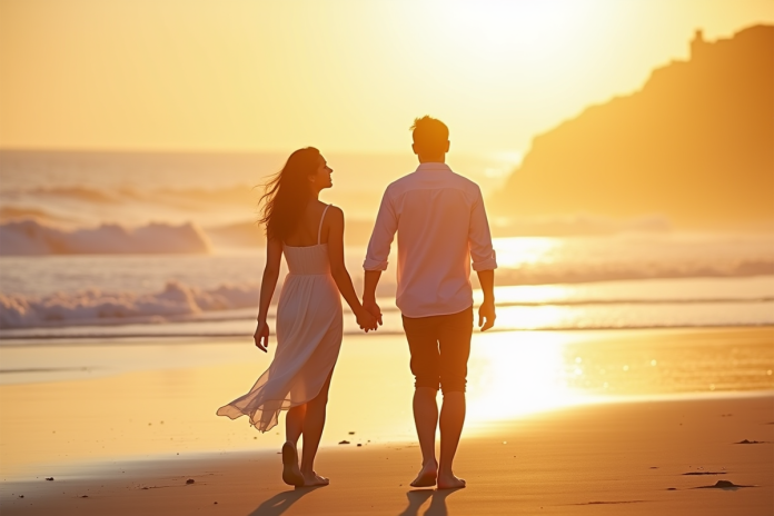 Couple romantique marchant sur la plage en Bretagne