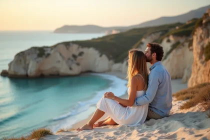 Couple romantique assis sur une plage de sable blanc en Corse au coucher du soleil, entouré de rochers de granit et d'une mer turquoise