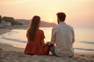 Couple romantique assis sur la plage de Pise au coucher du soleil, tenant leurs mains sur le sable doré avec un ciel rose et ambré en arrière-plan